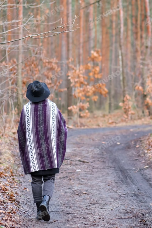 Preview: Photo from behind a young woman wearing a hat and wrapped in blanket on forest path.Millennial life.