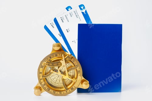 Preview: Flight tickets and compass isolated on white background close up