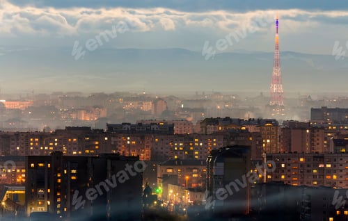 Preview: Panorama of night aerial view of Ivano-Frankivsk city, Ukraine. Scene of modern night city with