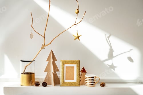 Preview: Golden frame surrounded by Christmas ornaments