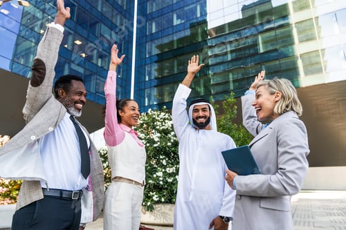 Preview: Group of multiethnic business people meeting an emirati businessman