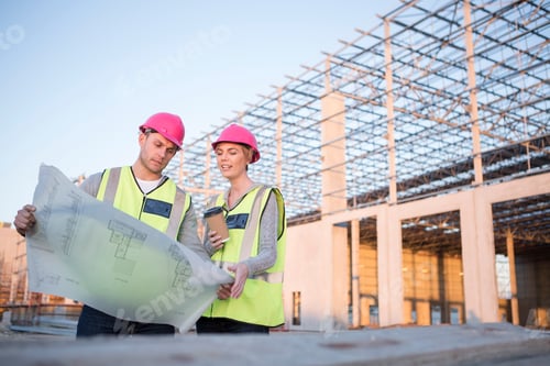 Preview: Builder and architect looking at blueprint on construction site