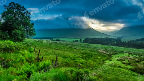Preview: Foggy dawn over the mountains of Glencoe in Scotland