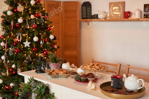 Preview: Kitchen christmas decor. Furniture and utensils. Christmas treat. New Year celebration.
