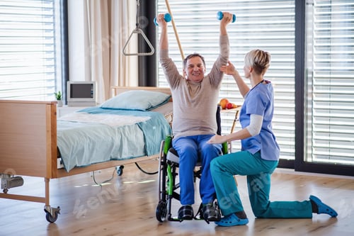 Preview: A healthcare worker and senior patient in hospital, physiotherapy.