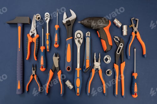 Preview: Work tool on blue background. Hand tool new set for repair and construction, overhead