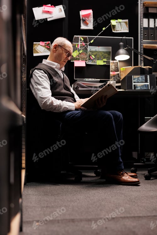 Preview: Senior private detective reading legal documents