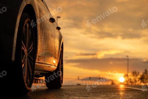 Preview: Low angle shot of raindrops on a car at sunset with surroundings reflecting on the side