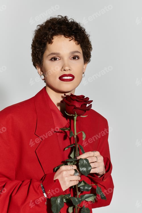 Preview: Captivating young woman in red suit holding a rose against a neutral backdrop