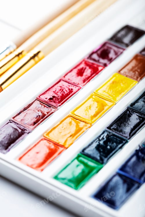Preview: Watercolor Palette Colors with Brushes for Painting
