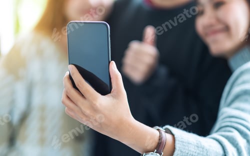 Preview: Group of young people using mobile phone to take a selfie together