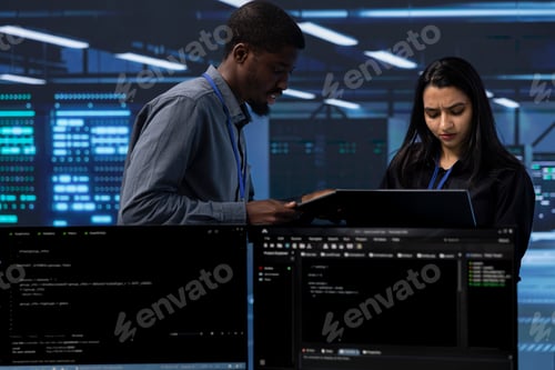 Preview: Coworkers in data center doing routine disk checks using laptop and tablet