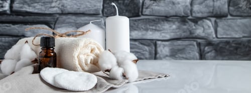 Preview: Spa and wellness accessories on gray stone background. Concept of face and body care.