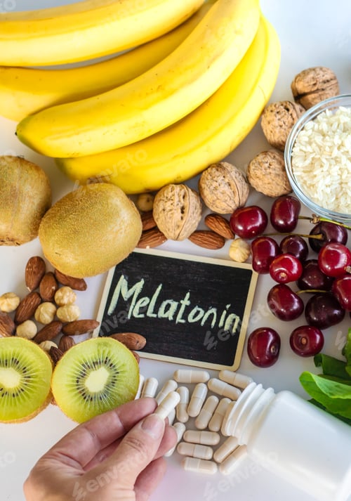 Preview: Foods containing melatonin on a beautiful background. Selective focus.