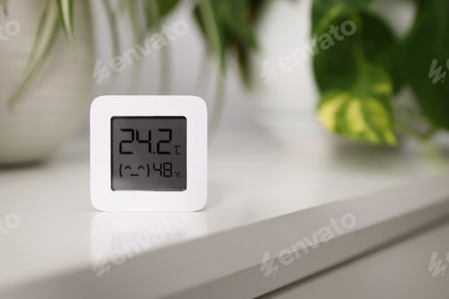 Preview: Digital hygrometer with thermometer on white table, space for text
