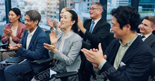 Preview: People, applause or seminar in office for business, achievement or employee training in Japanese co