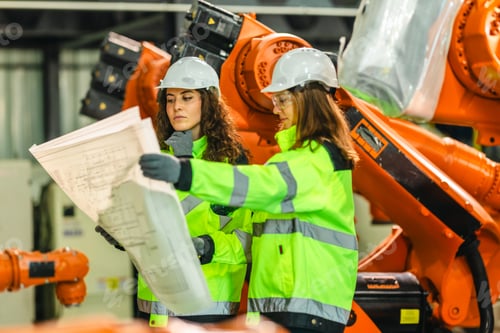 Preview: Engineer Reviewing Blueprint in Robotic Facility