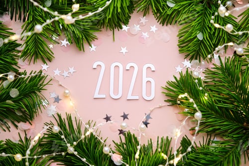 Visualização: Fundo rosa de Ano Novo de 2026. Número do próximo ano na decoração de Natal.
