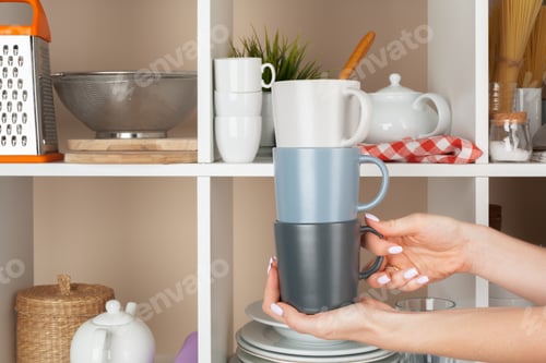 Preview: Woman hand taking dishware pieces from shelf in kitchen