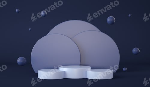 Preview: Empty blue podium with circles at background and spheres floating. Product presentation. 3d render