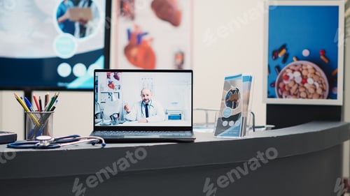 Preview: Doctor talking on videocall in reception