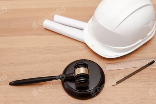 Preview: Justice Gavel with hard hat, blueprints and ruler on desk, Labor law concept