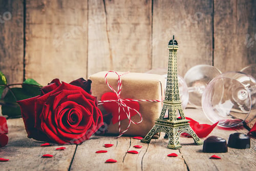 Gift with Eiffel Tower and Red Rose