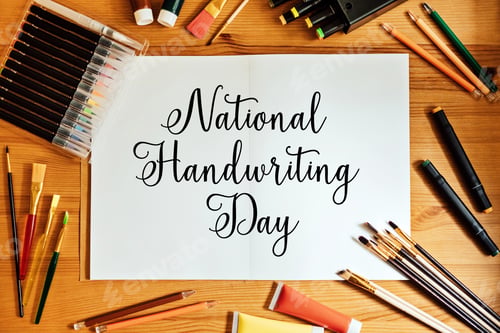 Preview: National Handwriting Day, 23 january. Hand lettering inscription text on paper notepad with pens