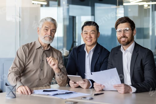 Preview: Diverse group of businessmen collaboration in modern office environment teamwork