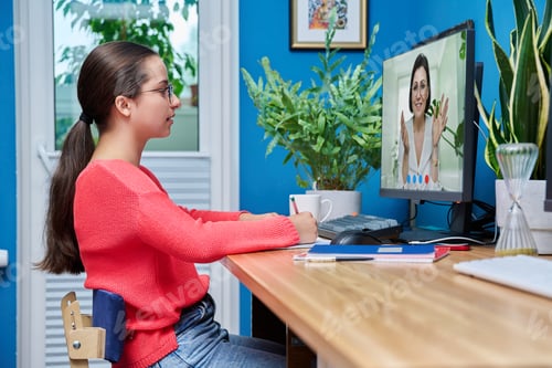 Preview: Video conference, teen girl student talking to teacher on screen