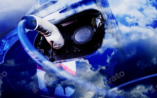 Preview: Composition of an electric car recharging its batteries with reflections