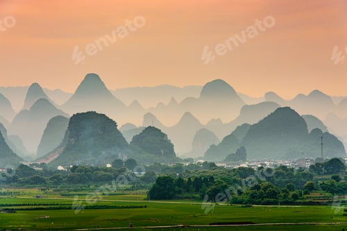Preview: Guilin, China Karst Mountain landscape at Dusk