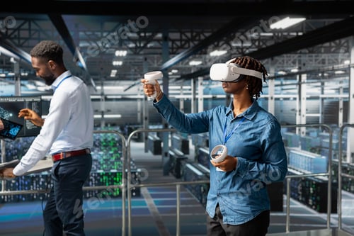 Preview: Black female admin with VR headset using artificial intelligence neural network