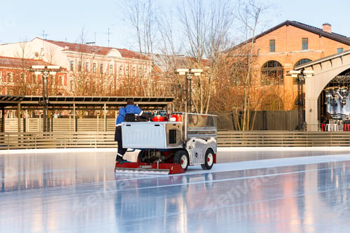 Preview: ice preparation at the rink between sessions in the sunny winter day/ Polished ice ready for match