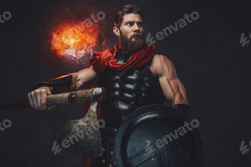 Preview: Muscular combat roman with axe posing in room with smoke