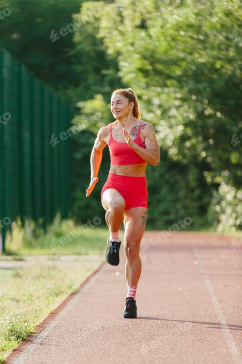 Preview: Fit woman training high knees on running track