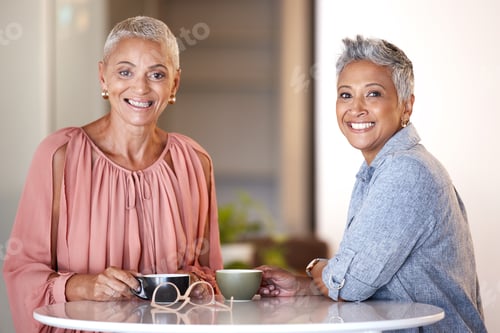 Preview: Portrait, friends and senior women with coffee, bonding and retirement. Mature ladies, females and