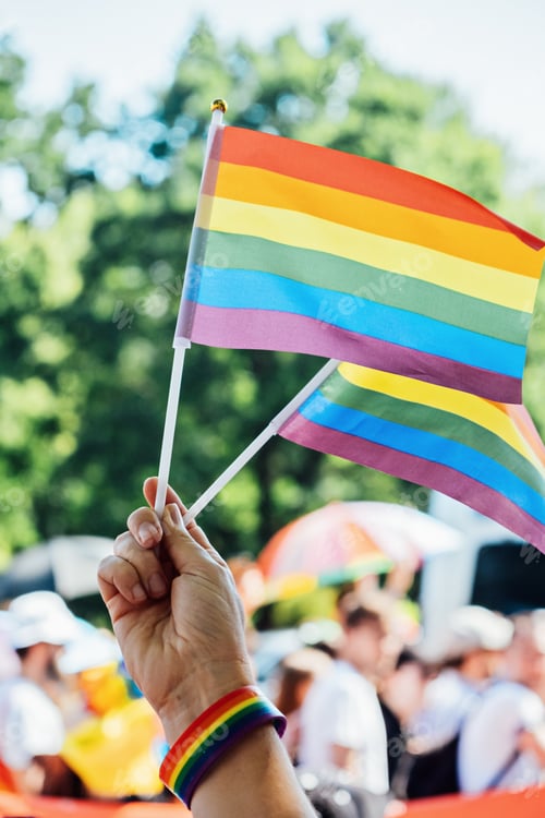 Preview: Gay pride, LGBTQ rainbow flags being waved in the air at a pride event. wave LGBTQ gay pride flags