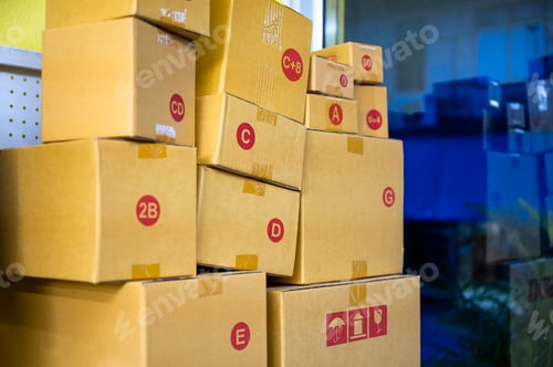 Preview: Different sizes brown cardboard box stacked in delivery shop