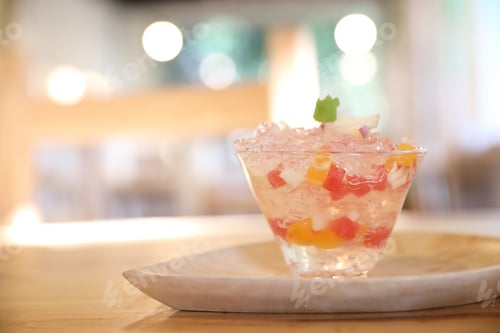Preview: Japanese Dessert Jelly With Fruit On Wood Plate