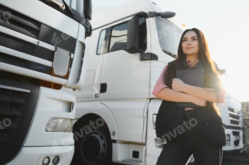 Preview: Portrait of beautiful young woman professional truck driver