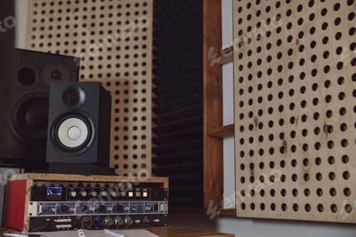 Preview: Musical sound speakers near soundproof room in a professional broadcasting, studio