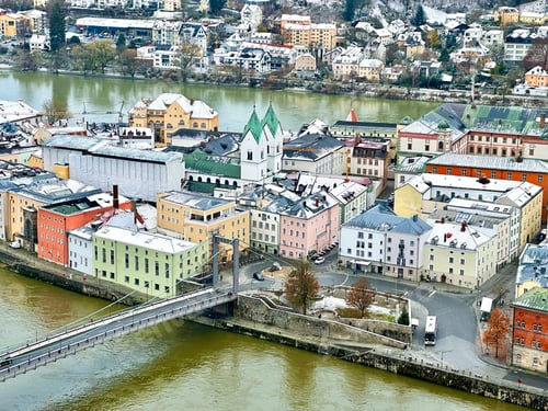 Preview: Aerial View To Colorful Passau Cityscape, Germany, In Winter On Blue Cloudy Sky Background