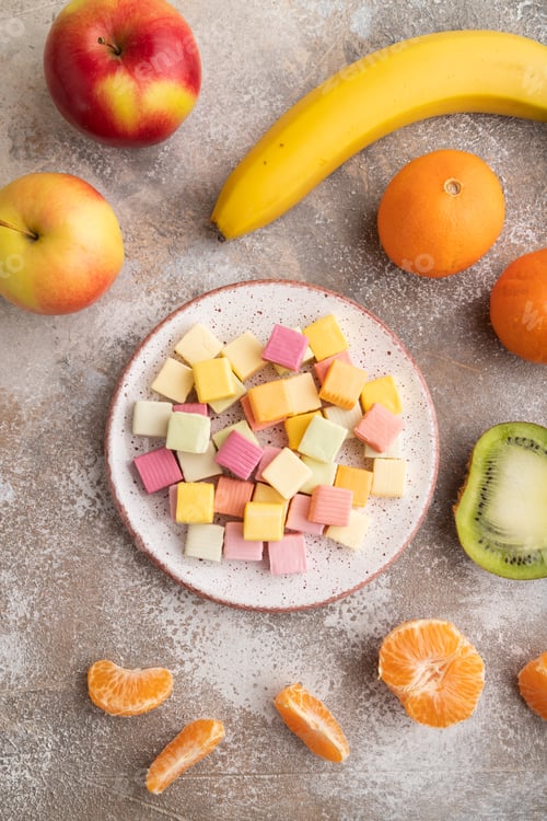 Preview: Various fruit jelly chewing candies on plate on brown concrete. apple, banana, tangerine, top view