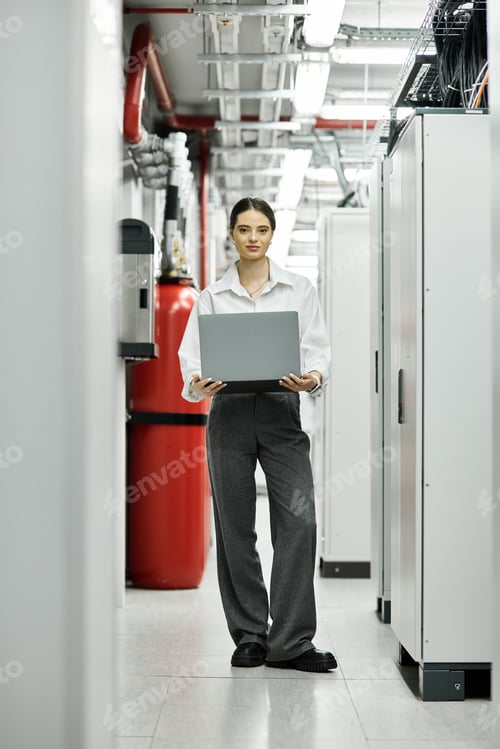 Preview: A professional woman in a white shirt is operating a laptop in a high-tech server room.