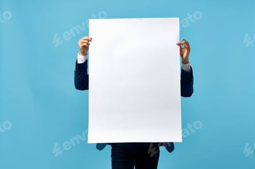 Preview: a man in a suit holding a banner in front of him advertising presentation official