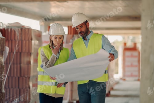 Preview: Engineers reading blueprint on construction site discussing building project