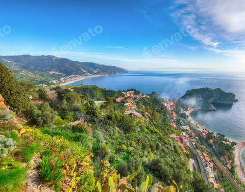 Preview: Panoramic aerial view of Isola Bella island and beach in Taormina