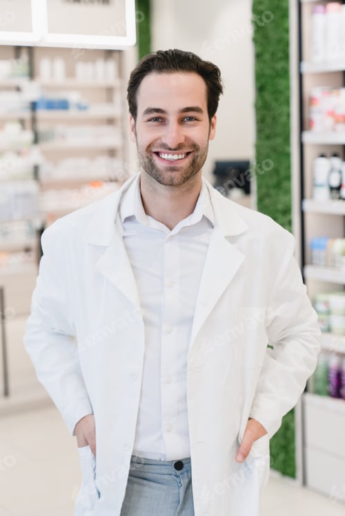 Preview: Druggist in white medical coat looking at camera at the cash point desk in pharmacy drugstore