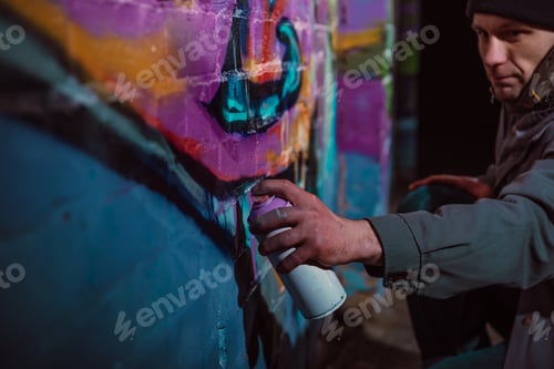 Visualização: homem pintando graffiti com tinta aerossol na parede à noite